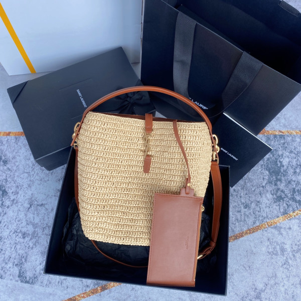 Y*L le 37 leather-trimmed raffia bucket bag-20*25*16cm