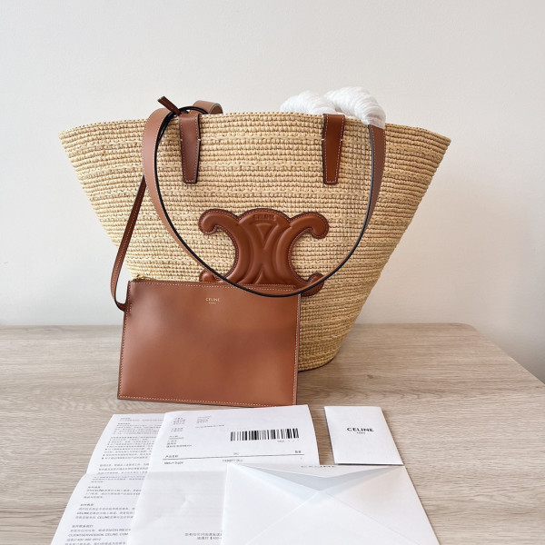 medium S*pple celin* classic panier in raffia and calfskin