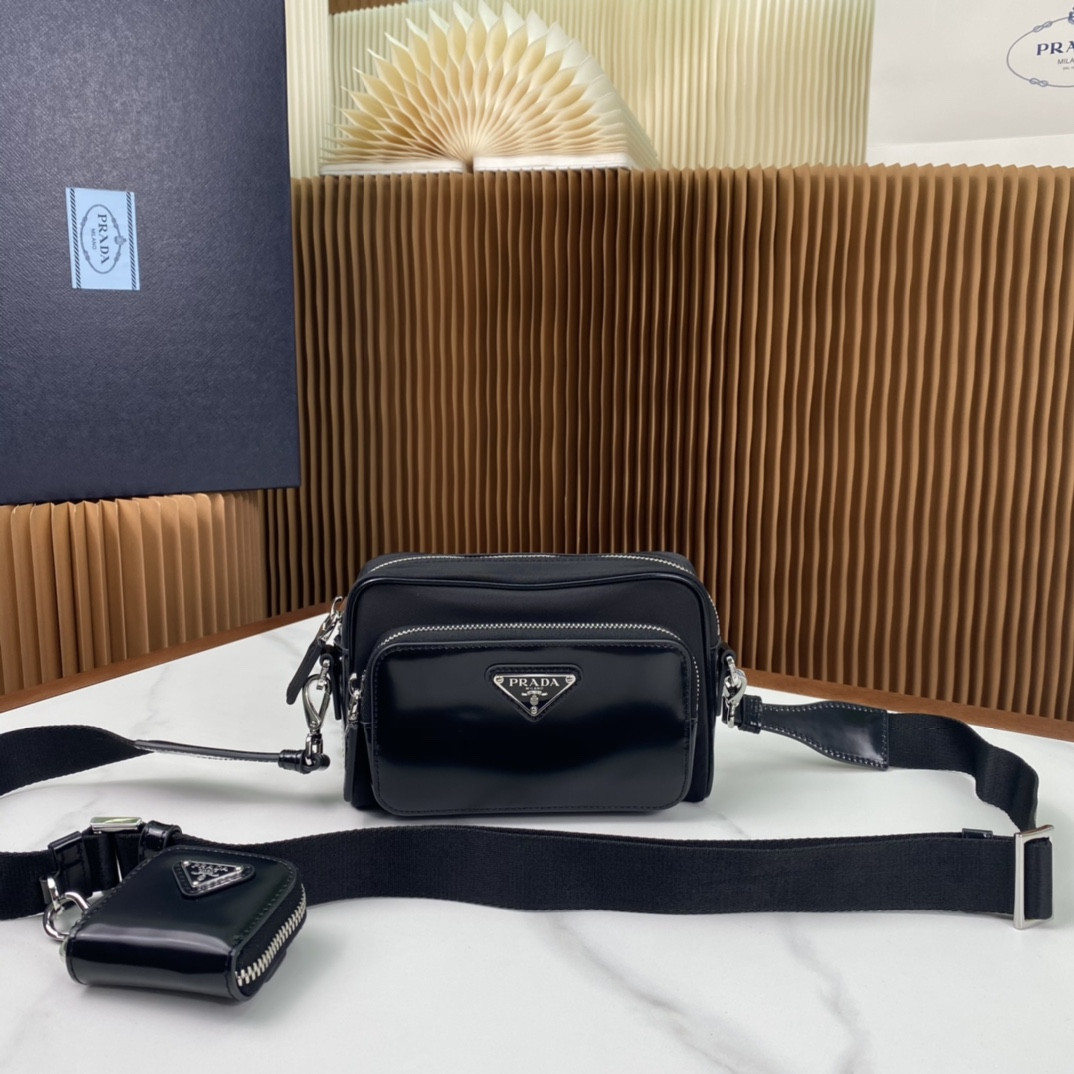 Pra*a re-nylon and brushed leather shoulder bag